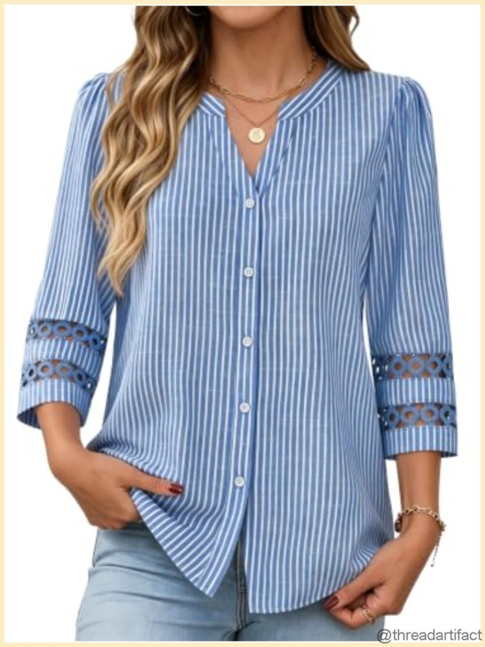 Womens Button Down Blouse 3/4 Sleeve V Neck Eyelet Lace Cuff Business Casual